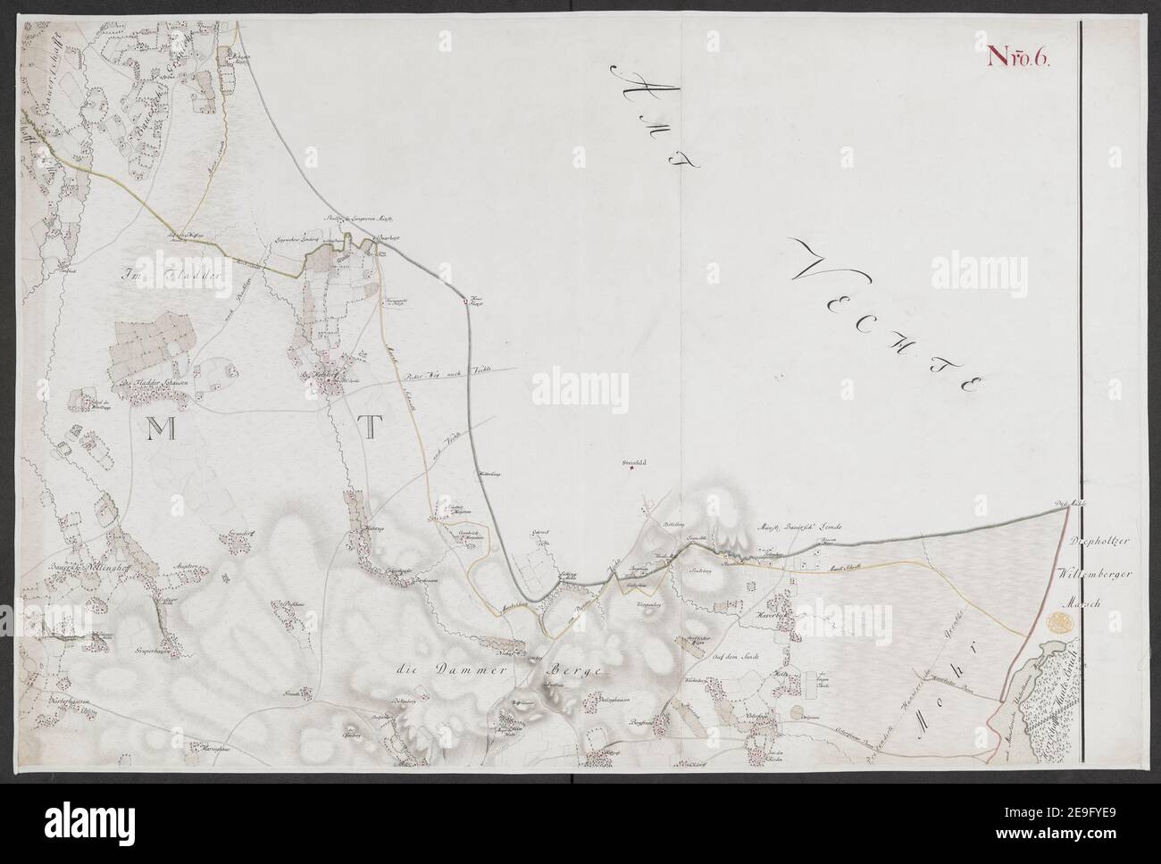 Specielle Carte des HOCHSTIFFTS OSNABRUCK in XIX Planchen Autor Bussche-Haddenhausen, Georg Wilhelm von dem 91,67.1. Erscheinungsort: [OsnabruÃàck] Verlag: Von Georg Wilhelm von dem Bussche Obrist Lieutenant unter Hochstderoselben Regimente und Frantz Christian Benoit Capitaine Lieutenant bey dem Jahren 1765, 1766 und 1767, Erscheinungsdatum: [1767.] Objekttyp: 1 Karte auf 19 Blatt + Index Medium: Handschriftenstift und Tinte, Farbe Abmessungen: Bogengrößen variieren Alter Besitzer: George III, König von Großbritannien, 1738-1820 Stockfoto