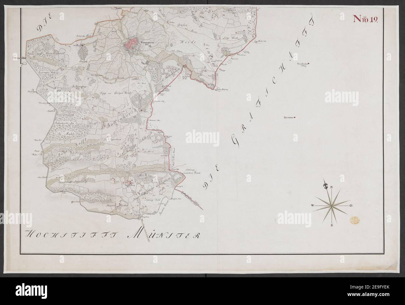 Specielle Carte des HOCHSTIFFTS OSNABRUCK in XIX Planchen Autor Bussche-Haddenhausen, Georg Wilhelm von dem 91,67.1. Erscheinungsort: [OsnabruÃàck] Verlag: Von Georg Wilhelm von dem Bussche Obrist Lieutenant unter Hochstderoselben Regimente und Frantz Christian Benoit Capitaine Lieutenant bey dem Jahren 1765, 1766 und 1767, Erscheinungsdatum: [1767.] Objekttyp: 1 Karte auf 19 Blatt + Index Medium: Handschriftenstift und Tinte, Farbe Abmessungen: Bogengrößen variieren Alter Besitzer: George III, König von Großbritannien, 1738-1820 Stockfoto