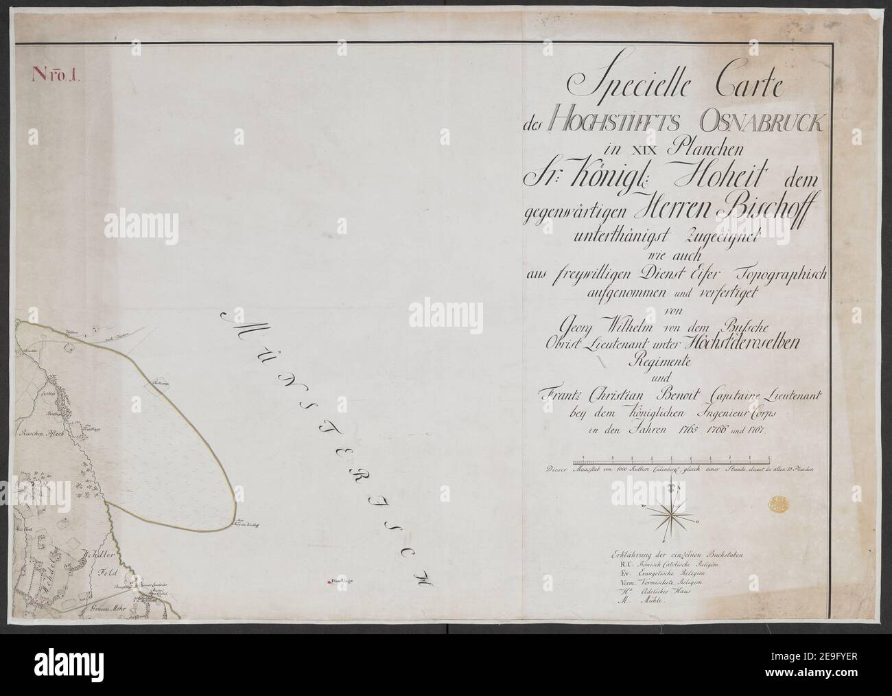 Specielle Carte des HOCHSTIFFTS OSNABRUCK in XIX Planchen Autor Bussche-Haddenhausen, Georg Wilhelm von dem 91,67.1. Erscheinungsort: [OsnabruÃàck] Verlag: Von Georg Wilhelm von dem Bussche Obrist Lieutenant unter Hochstderoselben Regimente und Frantz Christian Benoit Capitaine Lieutenant bey dem Jahren 1765, 1766 und 1767, Erscheinungsdatum: [1767.] Objekttyp: 1 Karte auf 19 Blatt + Index Medium: Handschriftenstift und Tinte, Farbe Abmessungen: Bogengrößen variieren Alter Besitzer: George III, König von Großbritannien, 1738-1820 Stockfoto