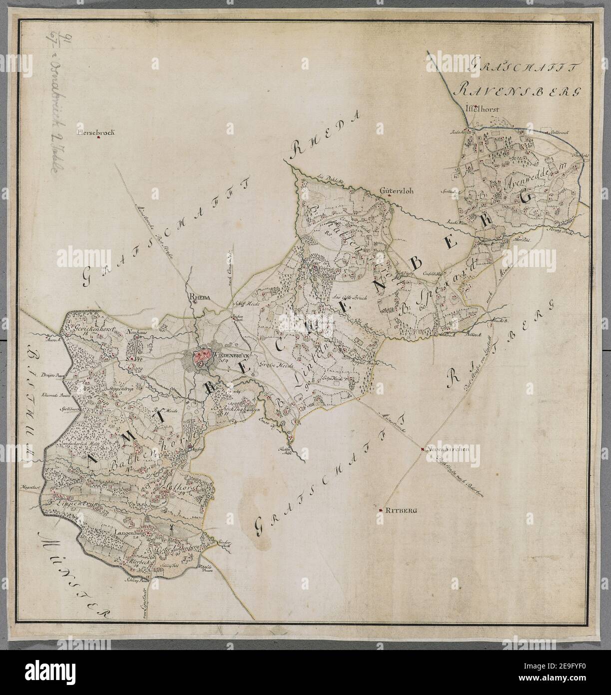 MILITARISCHE CARTE DES HOCHSTIFFTS OSNABRUÃàCK nach dem, von IHRO KOÃàNIGLICHEN MAYESTAET aus gegegenenen Maastab Nro 2. In den Jahren 1766 und 1767 aufgepasst und entwickelt Autor Bussche-Haddenhausen, Georg Wilhelm von dem 91.67.2 TAB. Erscheinungsort: [OsnabruÃàck] Verlag: Von den, in dem Hannoverschen Infanterie Regimente SR KONIGLICHEN HOHEIT des PRINZEN FRIEDERICHS stehenden Obrist Lietenant von dem Busche, und dem Ingenieur Capitaine Lieutenant Benoit, Erscheinungsdatum: [Ca. 1767.] Objekttyp: 1 Karte auf 5 Blatt Mittel: c Stockfoto