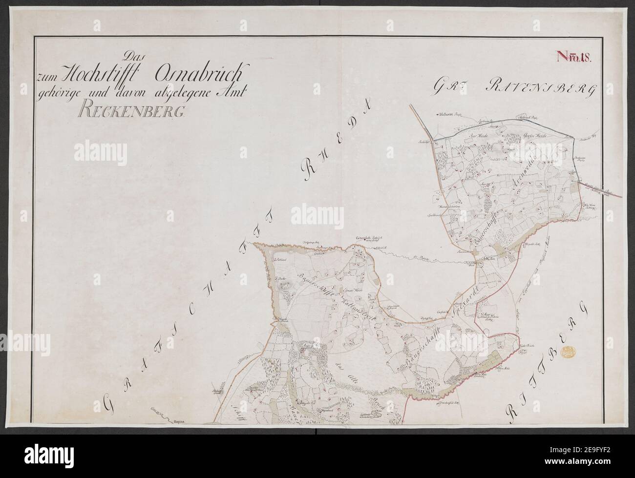 Specielle Carte des HOCHSTIFFTS OSNABRUCK in XIX Planchen Autor Bussche-Haddenhausen, Georg Wilhelm von dem 91,67.1. Erscheinungsort: [OsnabruÃàck] Verlag: Von Georg Wilhelm von dem Bussche Obrist Lieutenant unter Hochstderoselben Regimente und Frantz Christian Benoit Capitaine Lieutenant bey dem Jahren 1765, 1766 und 1767, Erscheinungsdatum: [1767.] Objekttyp: 1 Karte auf 19 Blatt + Index Medium: Handschriftenstift und Tinte, Farbe Abmessungen: Bogengrößen variieren Alter Besitzer: George III, König von Großbritannien, 1738-1820 Stockfoto