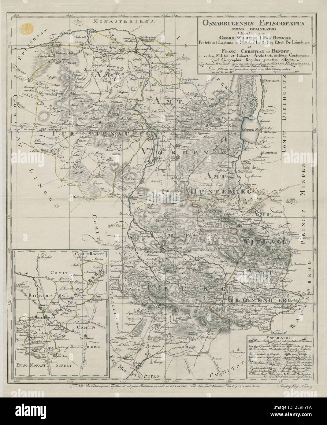 OSNABRUGENSIS EPISCOPATUS NOVA DELINEATIO Autor Bussche-Haddenhausen, Georg Wilhelm von dem 91,69. Ort der Veröffentlichung: [Hamburg?] Verlag: [Verlag nicht identifiziert] Erscheinungsdatum: [Ca. 1775.] Objekttyp: 1 Karte Medium: Kupferstich, Handfarbe Maße: 53 x 45 cm ehemaliger Besitzer: George III, König von Großbritannien, 1738-1820 Stockfoto