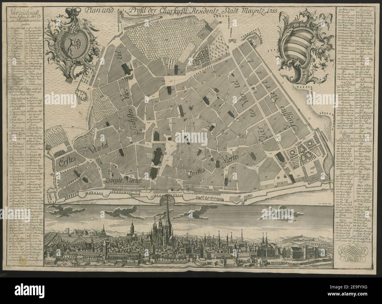 Plan and profile of ChurfuÃàrstl. Residentz Stadt Mayntz. Autor Schick, J. V. 93,16.1. Erscheinungsort: [Deutschland] Verlag: [Verlag nicht identifiziert] Erscheinungsdatum: 1755. Objekttyp: 1 Karte Maße: 62 x 88 cm zum Platemark ehemaliger Besitzer: George III, König von Großbritannien, 1738-1820 Stockfoto