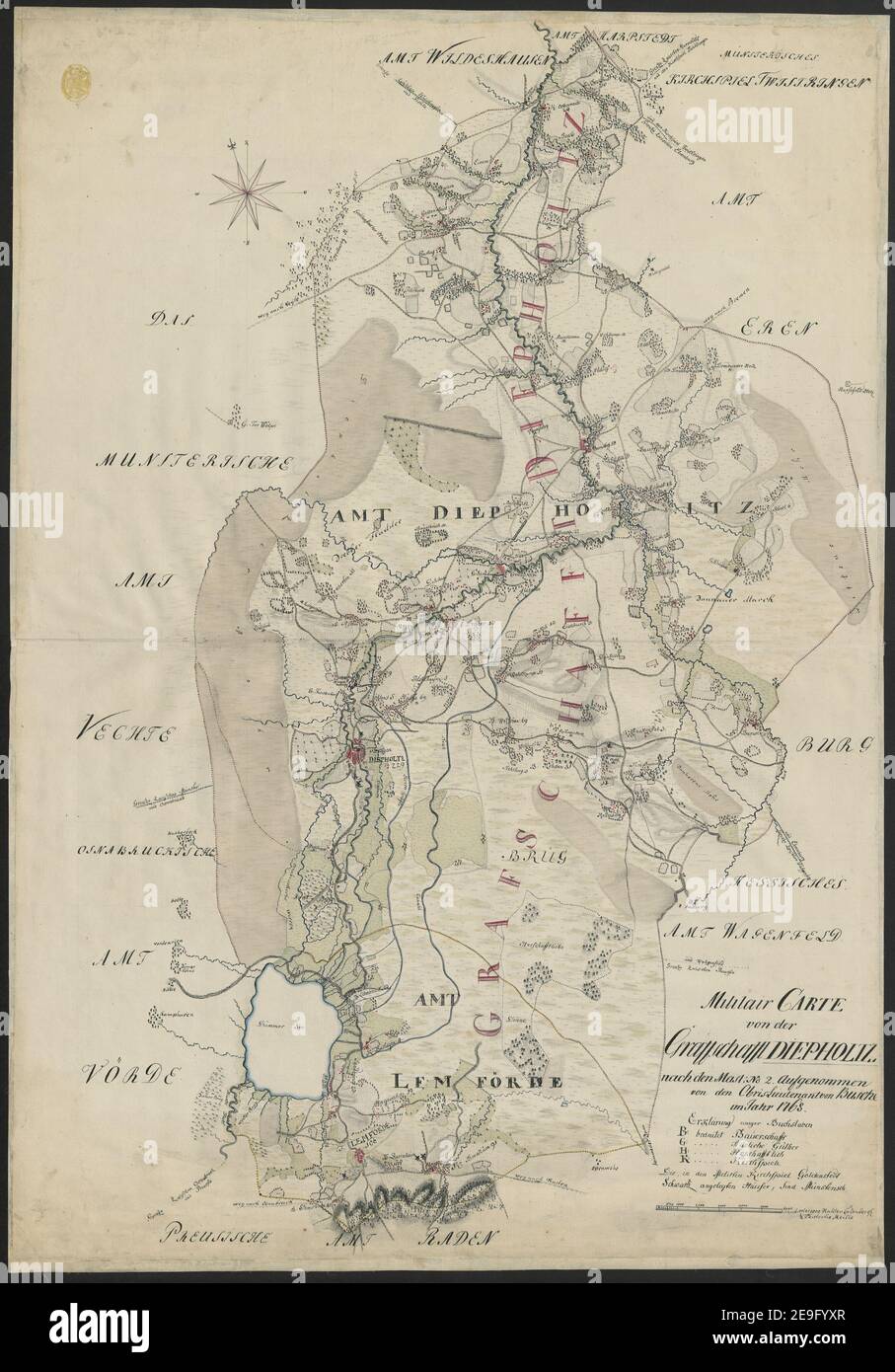 Militair CARTE von der Graffschaft DIEPHOLTZ Autor Bussche-Haddenhausen, Georg Wilhelm von dem 92,55. Erscheinungsort: [Deutschland] Verlag: Nach den Mast: No 2. Aufgenommen von den Obrilieutenant von Busche, Erscheinungsdatum: Im Jahr 1768. Objekttyp: 1 Karte Medium: Handschriftenstift und Tinte Maße: 73 x 51 cm ehemaliger Besitzer: George III., König von Großbritannien, 1738-1820 Stockfoto