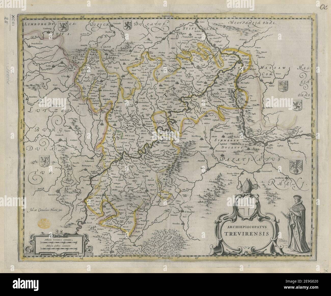 ARCHIEPISCOPATVS TREVIRENSIS Autor Blaeu, Joan 93,28. Erscheinungsort: [Amsterdam] Verlag: Joh. Et Cornelius Blaeu exc. Erscheinungsdatum: [1643-] Objekttyp: 1 Karte Medium: Handkolorierter Kupferstich Maße: 39,2 x 47,5 cm ehemaliger Besitzer: George III., König von Großbritannien, 1738-1820 Stockfoto