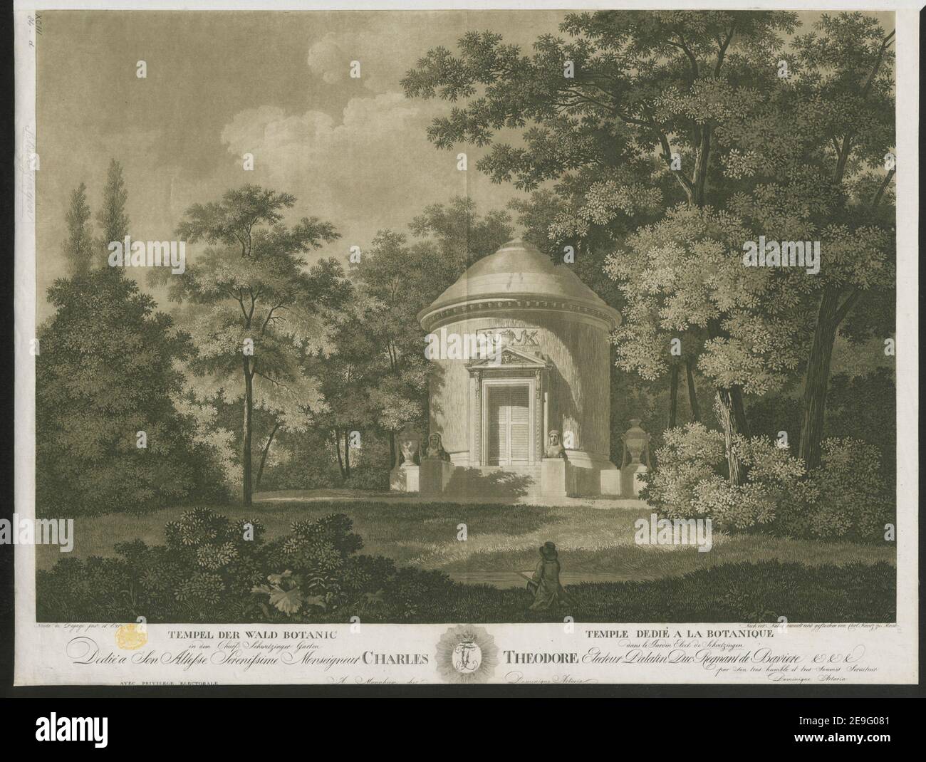 Tempel der Wald Botanic in dem Churf. Schwetzinger Garten = Tempel DedieÃÅ a la Botanique dans le Jardin elect. De Schwetzingen. Autor Kuntz, Carl 93,84.d. Erscheinungsort: [Mannheim] Verlag: Avec Privilege Electorale. A Mannheim chez Dominique Artaria., Erscheinungsdatum: [1795 c.] Art des Artikels: 1 Druck Medium: Ätzung und Sepia aquatinta Abmessungen: Blatt 45,5 x 59,9 cm [im Plattenmark beschnitten]. Ehemaliger Besitzer: George III., König von Großbritannien, 1738-1820 Stockfoto