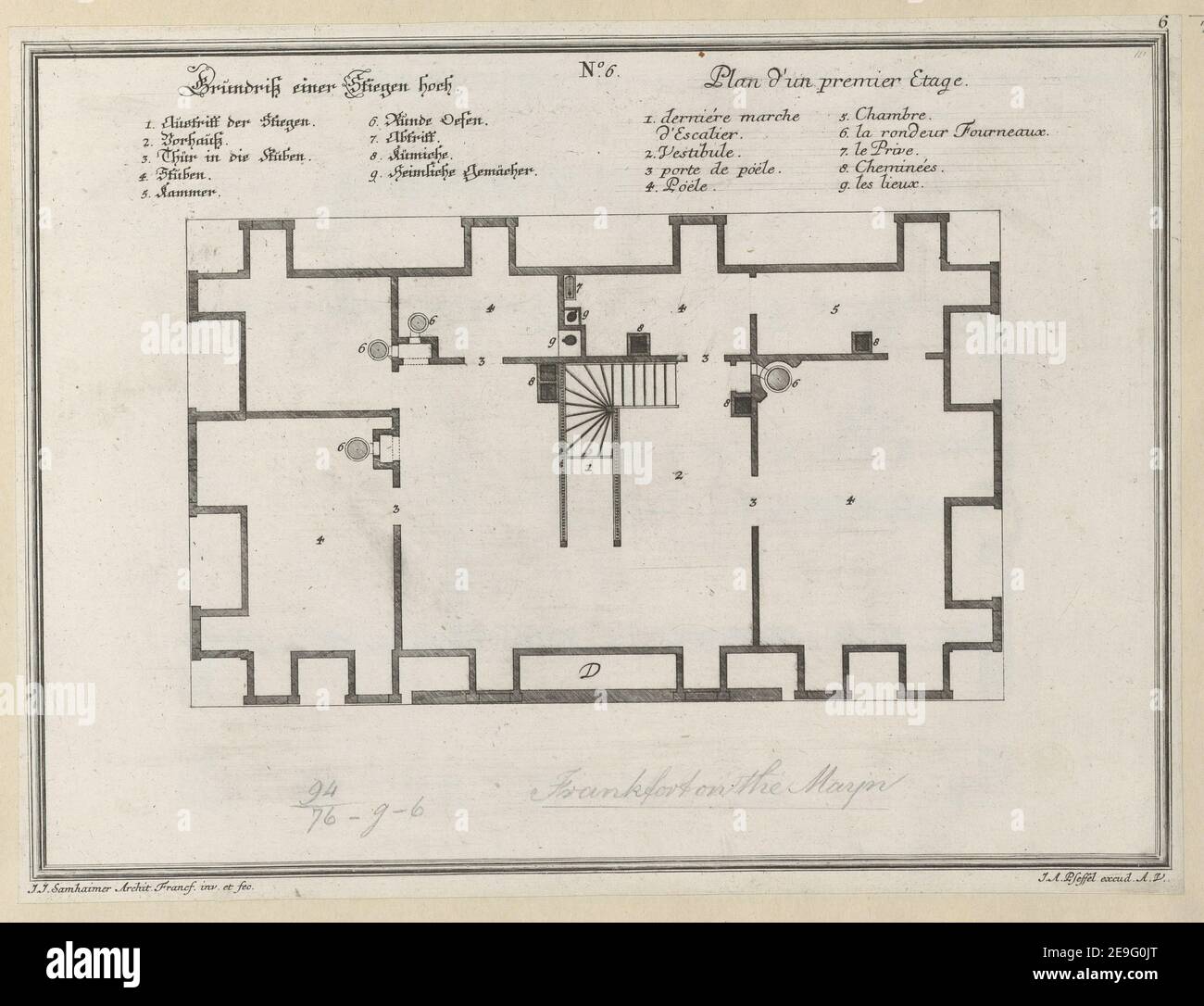 Grundriss einer Stiegen hoch = Plan d'un Premier Etage. Autor Pfeffel, Johann Andreas 94,76.g,6. Ort der Veröffentlichung: [Augsburg?] Herausgeber: J. A. Pfeffel excud. A.V., Erscheinungsdatum: [Zwischen 1730 und 1748] Objekttyp: 1 Druckmedium: Radierung und Gravur Maße: Blatt 26,6 x 35,6 cm (getrimmt). Ehemaliger Besitzer: George III., König von Großbritannien, 1738-1820 Stockfoto