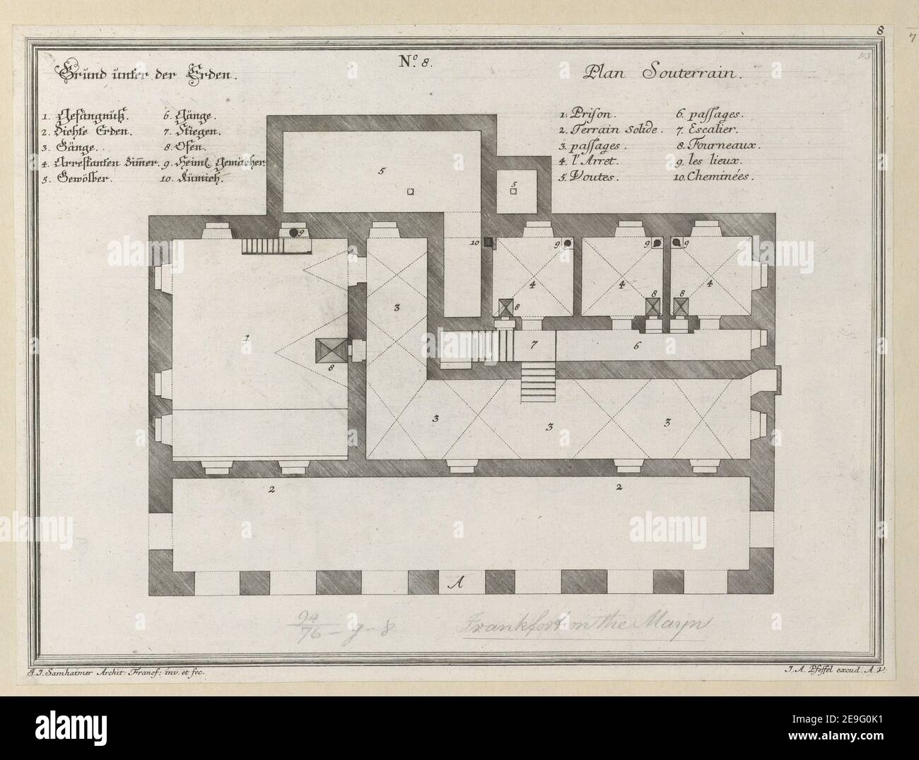 Grund unter der Erde = Plan Souterrain. Autor Pfeffel, Johann Andreas 94,76.g,8. Ort der Veröffentlichung: [Augsburg?] Herausgeber: J. A. Pfeffel excud. A.V., Erscheinungsdatum: [Zwischen 1730 und 1748] Objekttyp: 1 Druckmedium: Radierung und Gravur Maße: Blatt 26,7 x 35,6 cm (getrimmt). Ehemaliger Besitzer: George III., König von Großbritannien, 1738-1820 Stockfoto