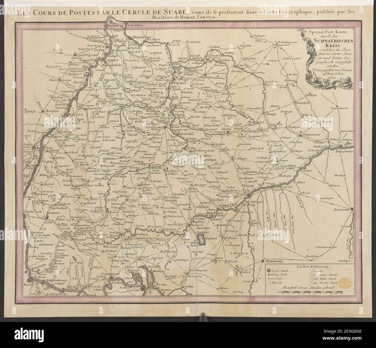 Special Post Karte durch den Schwäbischen Kreis in welcher die Poststationen Oerter, Strassen und Weiten geographisch vorgestellt werden. Karteninformation: Titel: Special Post Karte durch den Schwaebischen Kreis in welcher die Poststationen Oerter, Strassen und Weiten geographisch vorgestellt werden. 95,22. Erscheinungsort: [Nürnberg] Verlag: Herausgegeben von Homaennischen Erben, Erscheinungsdatum: 1752. Objekttyp: 1 Karte Medium: Handfarbig Maße: 49 x 58 cm zum Platemark ehemaliger Besitzer: George III, König von Großbritannien, 1738-1820 Stockfoto