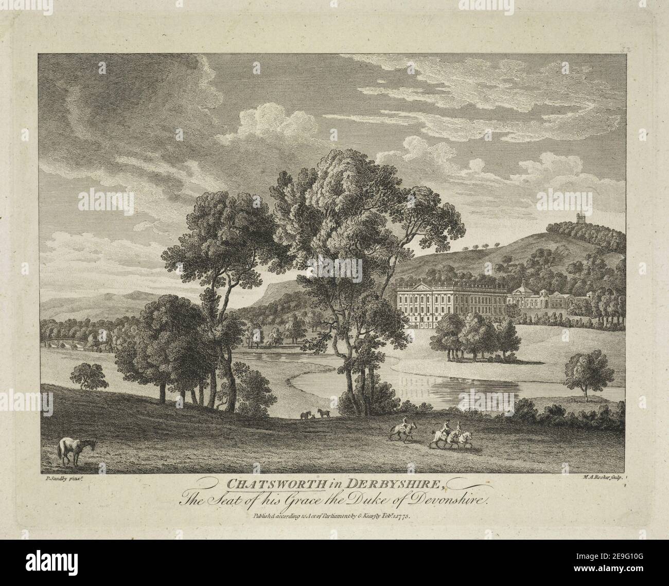 CHATSWORTH in DERBYSHIRE, Autor Sandby, Paul 11,12.d. Ort der Veröffentlichung: [London] Herausgeber: Publishd according to Act of Parliament von G Kearsly Feb. 1., Veröffentlichungsdatum: 1775. Art des Artikels: 1 Druck Medium: Gravur und Radierung Abmessungen: Platemark 16,3 x 20,0 cm. Ehemaliger Besitzer: George III., König von Großbritannien, 1738-1820 Stockfoto