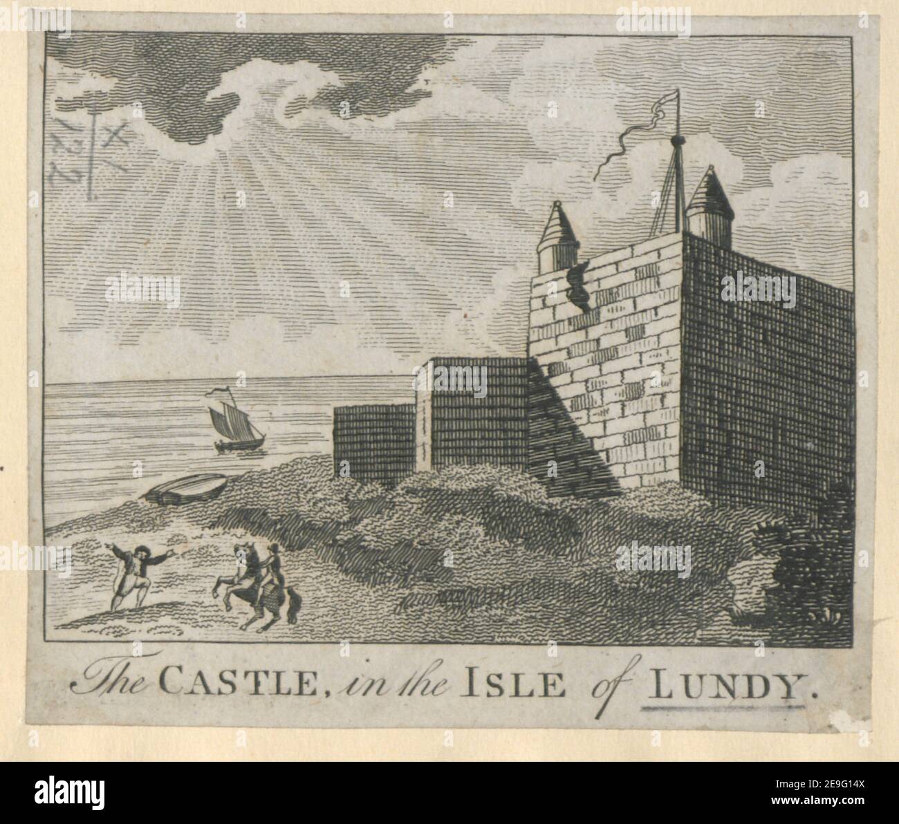 Das SCHLOSS, auf der ISLE of LUNDY. Visual Material information: Titel: Die BURG, auf der ISLE of LUNDY. 11,122. Erscheinungsort: [England] Verlag: [Verlag nicht identifiziert] Erscheinungsdatum: [Ca. 1760-1780] Objekttyp: 1 Print Medium: Radierung Maße: Blatt 9 x 10,6 cm Ex-Besitzer: George III, King of Great Britain, 1738-1820 Stockfoto