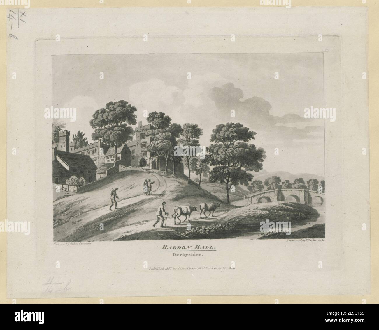 Haddon Hall. Derbyshire. Autor Cartwright, Thomas 11,14.B. Erscheinungsort: [London] Verlag: Erschienen 1807 bei John Connop St. Ann's Lane London., Erscheinungsdatum: [1807.] Art des Artikels: 1 Druck Medium: Radierung und Aquatinta Abmessungen: Platemark 17,3 x 22,6 cm. Ehemaliger Besitzer: George III., König von Großbritannien, 1738-1820 Stockfoto