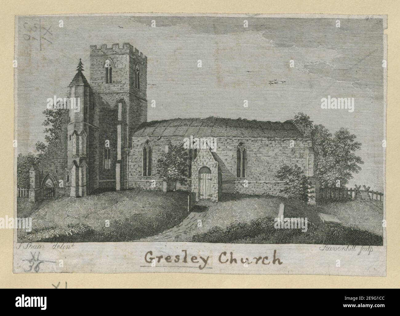 Gresley Kirche . Autor Ravenhill 11,36. Erscheinungsort: [Derby] Verlag: [S Shaw] Erscheinungsdatum: [1793] Objekttyp: 1 Print Medium: Radierung Maße: Blatt 11,4 x 16,2 cm Ex-Besitzer: George III, King of Great Britain, 1738-1820 Stockfoto