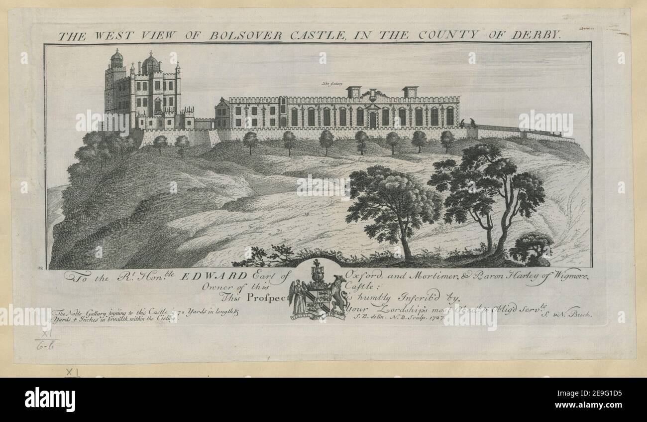 Die Westansicht von Bolsover Castle, in der Grafschaft Derby. Autor Buck, Samuel 11,6.B. Erscheinungsort: [London] Verlag: [S , N Buck] Erscheinungsdatum: [1727] Objekttyp: 1 Druckmedium: Radierung und Gravur Maße: Platemark 19,0 x 36,3 cm. Ehemaliger Besitzer: George III., König von Großbritannien, 1738-1820 Stockfoto