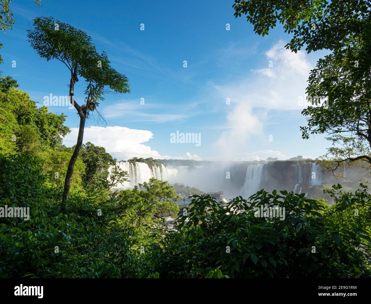 Blick auf die Wasserfälle von Iguazú, Cataratas do Iguaçu, von der brasilianischen Seite, Paraná, Brasilien. Stockfoto