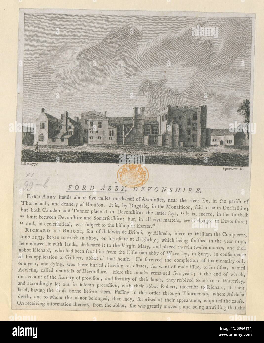 FORD ABBY, DEVONSHIRE. Autor Sparrow, Samuel 11,99.b . Erscheinungsort: [London] Verlag: [Verlag nicht identifiziert] Erscheinungsdatum: 1. Oktober 1772. Art des Artikels: 1 Druck Medium: Radierung Maße: Blatt 20,8 x 16,2 cm ehemaliger Besitzer: George III, König von Großbritannien, 1738-1820 Stockfoto