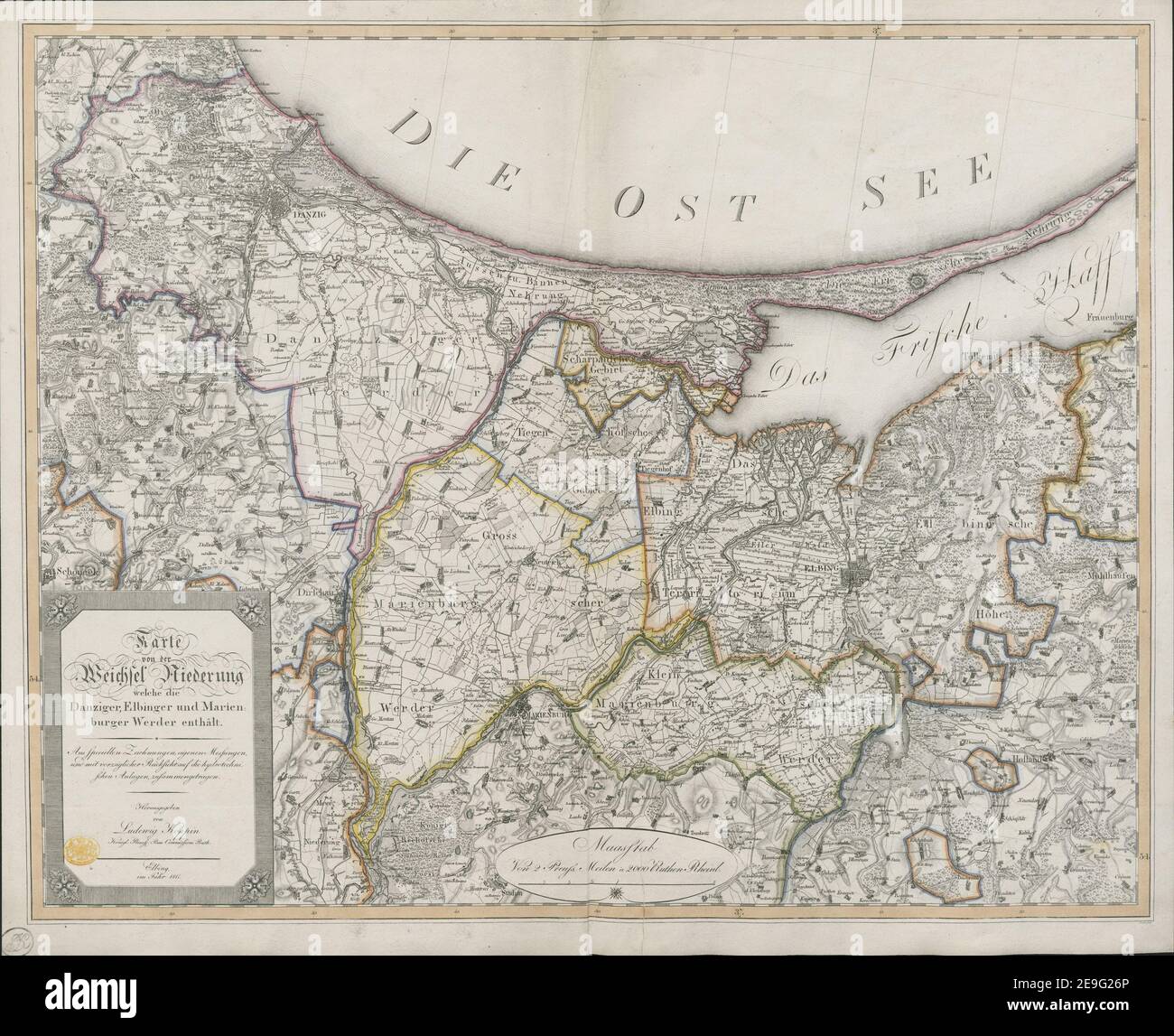 Karte von der Weichsel Niederung welche die Danziger, Elbinger und Marienburger Werder enthaÃàlt. Autor Koppin, Ludwig 110,20.2. Erscheinungsort: Elbing [Elblag] Verlag: [Konigl. Preusse. Baukommissions-Rath.] Veröffentlichungsdatum: Im Jahnr 1811 [1811.] Objekttyp: 1 Karte Medium: Handfarbig Maße: 51 x 65 ehemaliger Besitzer: George III, König von Großbritannien, 1738-1820 Stockfoto