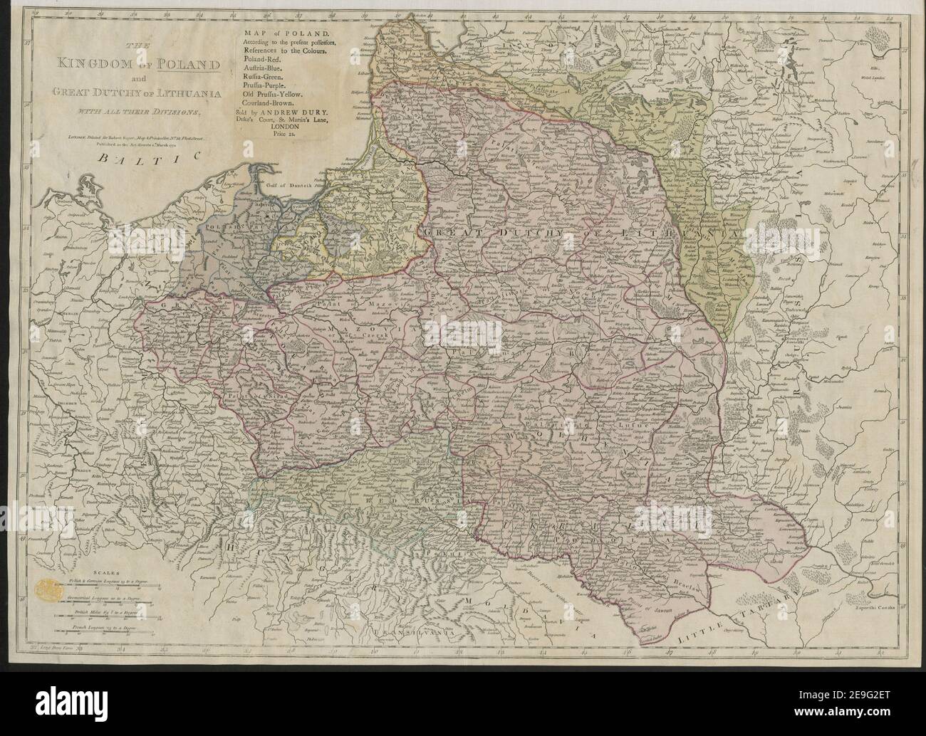 DAS KÖNIGREICH POLEN UND DAS GROSSE HERZOGTUM LITAUEN MIT ALL IHREN DIVISIONEN. Autor Sayer, Robert 110,51.2. Erscheinungsort: London Verlag: Gedruckt für Robert Sayer, Map , Printseller, n.o 53 Fleet Street. Veröffentlicht wie das Gesetz 2D bestimmt. März 1772, Erscheinungsdatum: [1772.] Objekttyp: 1 Karte Medium: Handfarbig Maße: 47 x 64 cm ehemaliger Besitzer: George III, König von Großbritannien, 1738-1820 Stockfoto