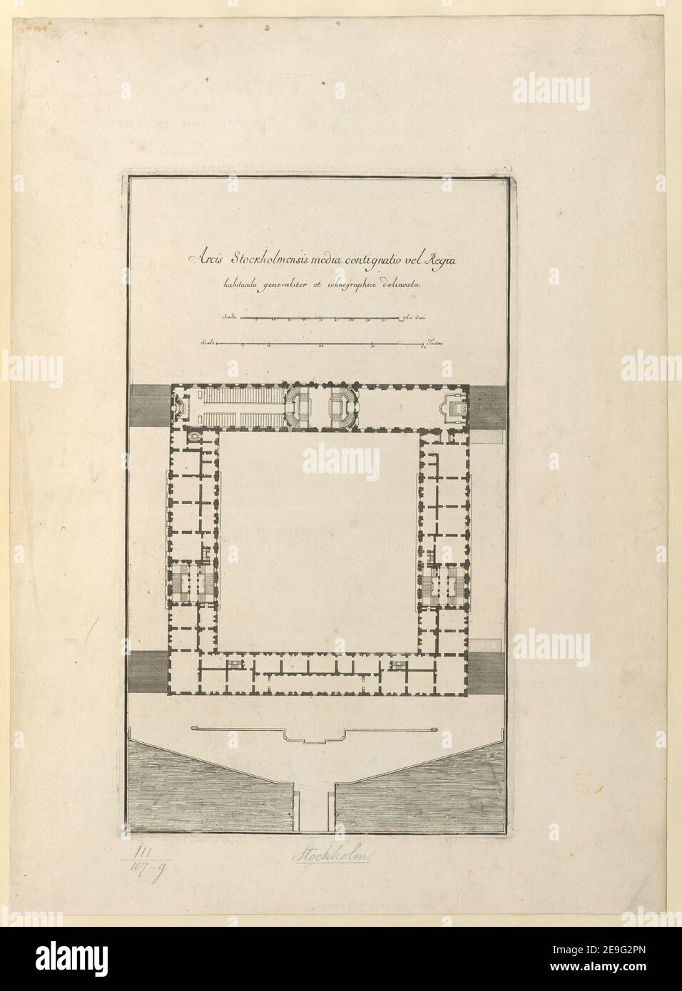 Arcis Stockholmensis media contignatio vel Regia Autor Tessin, Nicodemus 111,107.g. Erscheinungsort: [Stockholm] Verlag: [Unidentified Publisher]., Erscheinungsdatum: [1690-1727 c.] Objekttyp: 1 Karte Medium: Kupferstich Maße: 43,3 x 23,1 cm. Ehemaliger Besitzer: George III., König von Großbritannien, 1738-1820 Stockfoto