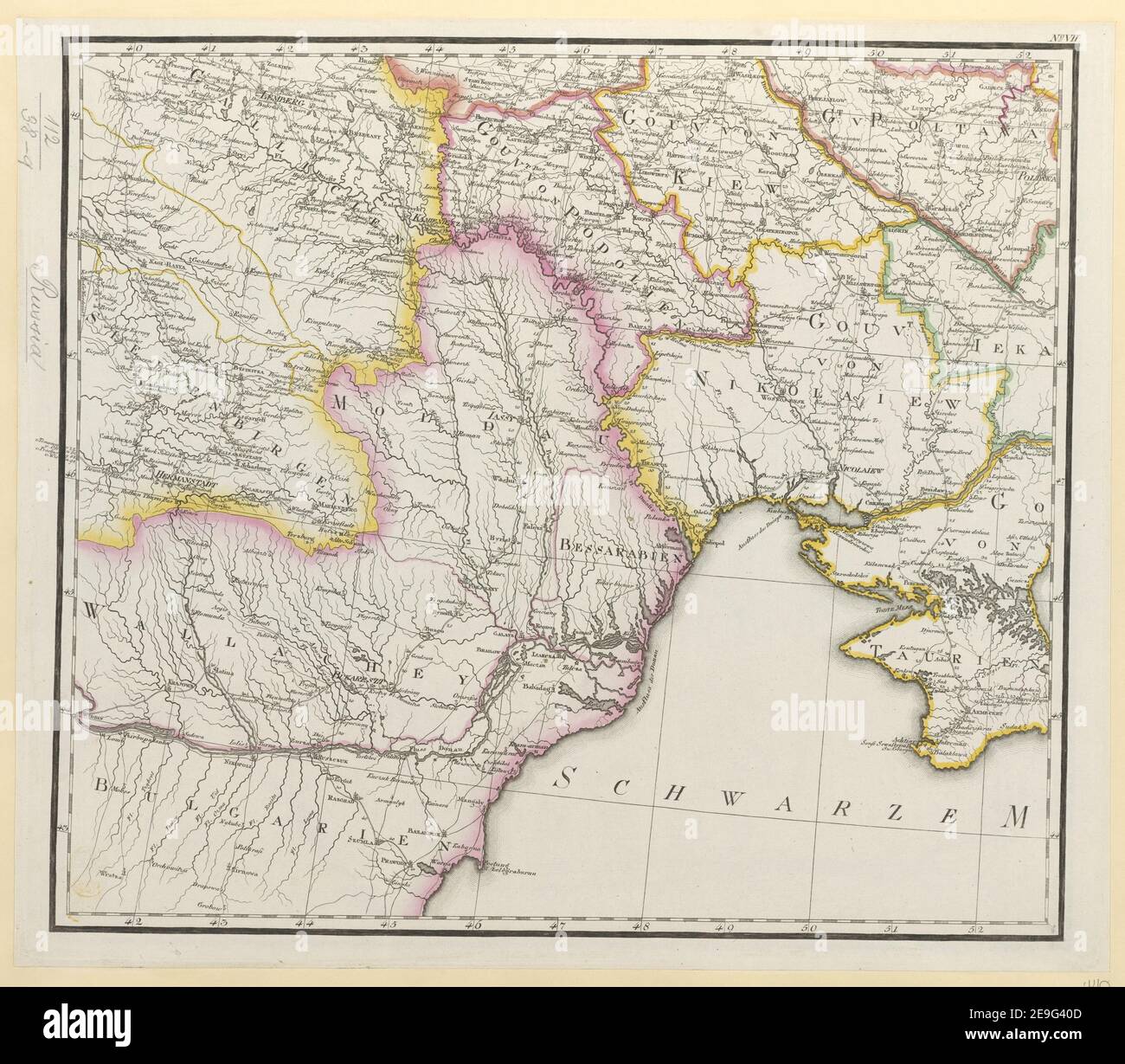 General Karte von einem Theil des russischen Reichs in Gouvernements und Kreise eingeteilet, worauf die Post und andere Hauptstraßen angezeigt sind bey Sr. Russisch Kayserlichen Majestaet Karten Depot im Jahr 179 Author Reymann, Daniel Gottlob 112,38.a-i. Erscheinungsort: [Berlin] Verlag: [Verlag nicht identifiziert] Erscheinungsdatum: 1802. Artikeltyp: 1 Karte auf 9 Einzelblättern Medium: Handfarbig Maße: 107 x 127 cm, Blätter 40 x 47 cm oder kleiner ehemaliger Besitzer: George III., König von Großbritannien, 1738-1820 Stockfoto