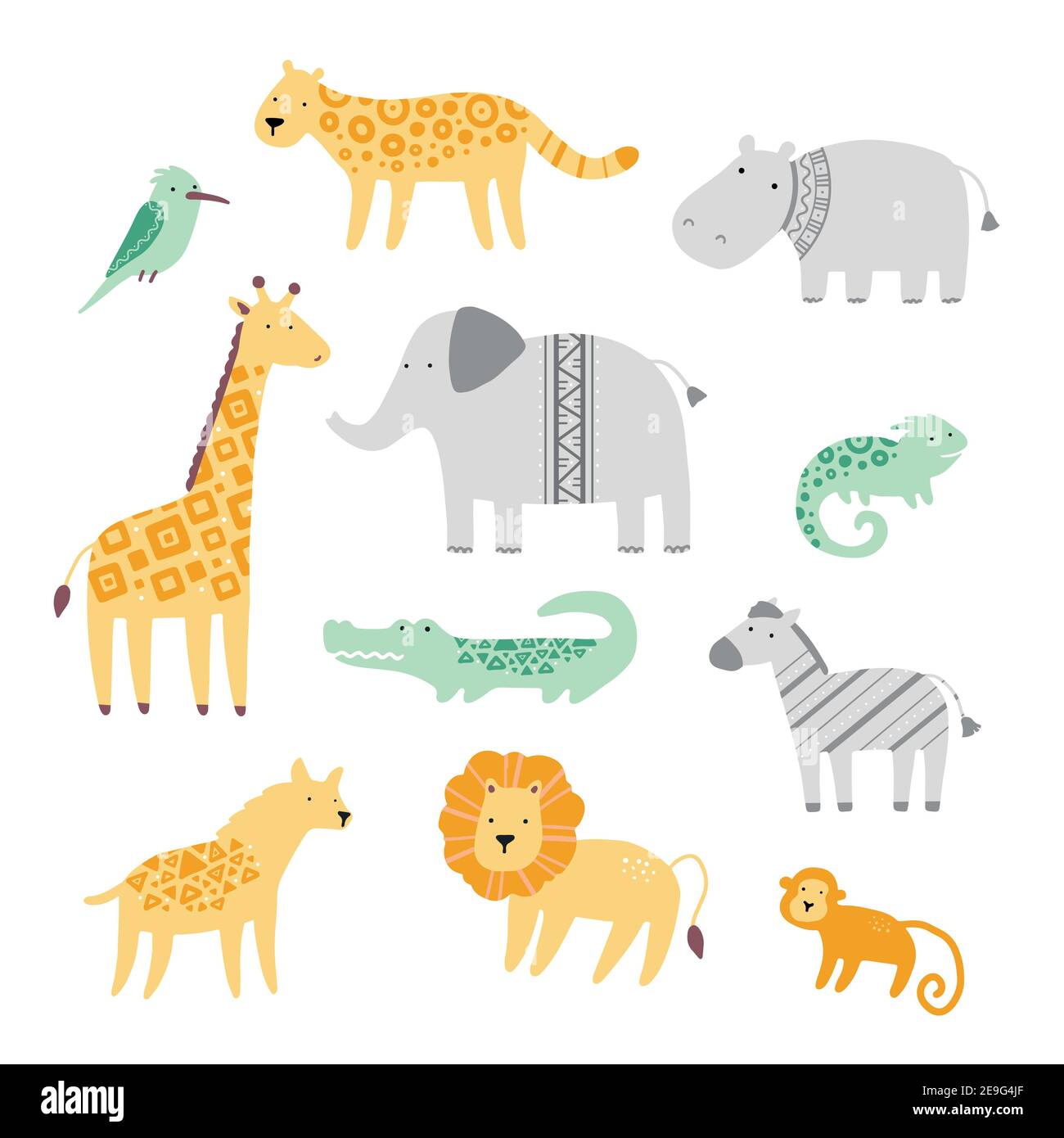 Set von niedlichen afrikanischen Zoo Tiere Giraffe, Zebra, Löwe, Vogel, Elefant, Schlange, Eidechse, Gepard, Krokodil. Flache und einfache Design-Stil für Baby, Kinder Illustration. Stock Vektor