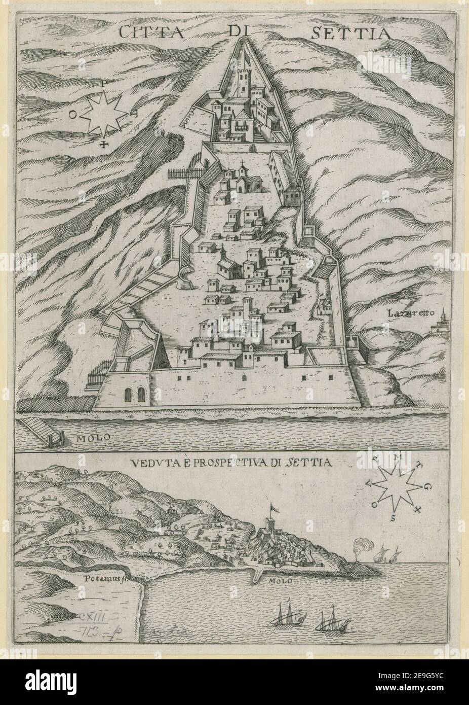 CITTTA DI SETTIA. Autor Collignon, FrancÃßois 113,113.p. Ort der Veröffentlichung: [Rom?] Herausgeber: [FrancÃßois Collignon?] Veröffentlichungsdatum: [Ungefähr 1669?] Art des Artikels: 2 Karten auf 1 Blatt Medium: Kupferstich Maße: 26 x 18 cm ehemaliger Besitzer: George III., König von Großbritannien, 1738-1820 Stockfoto