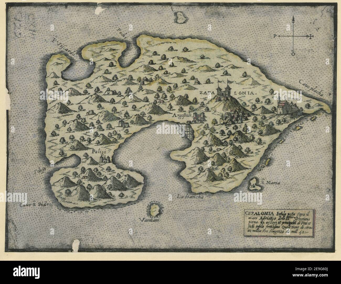 CEFALONIA Insula posta sopra il Mare Adriatico. Autor Camocio, Giovanni Francesco 113,122. Erscheinungsort: [Venedig] Verlag: [Giovanni Francesco Camocio] Erscheinungsdatum: [Ca. 1571.] Objekttyp: 1 Karte Medium: Kupferstich, Handfarbe Maße: 15 x 21 cm ehemaliger Besitzer: George III, König von Großbritannien, 1738-1820 Stockfoto