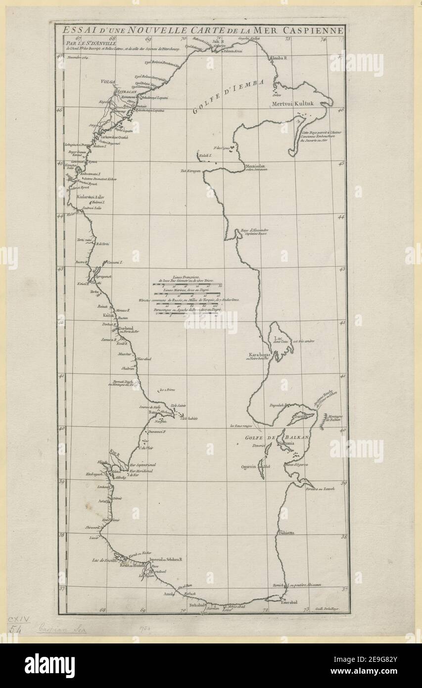 Essai d'une Nouvelle Carte de la Mer Caspienne Autor Anville, Jean Baptiste Bourguignon d' 114,54. Ort der Veröffentlichung: [St. Petersburg] Verlag: [J. d'Anville] Erscheinungsdatum: [1754 c] Objekttyp: 1 Karte Medium: Kupferstich Maße: 51,9 x 24,8 cm Ex-Besitzer: George III, King of Great Britain, 1738-1820 Stockfoto