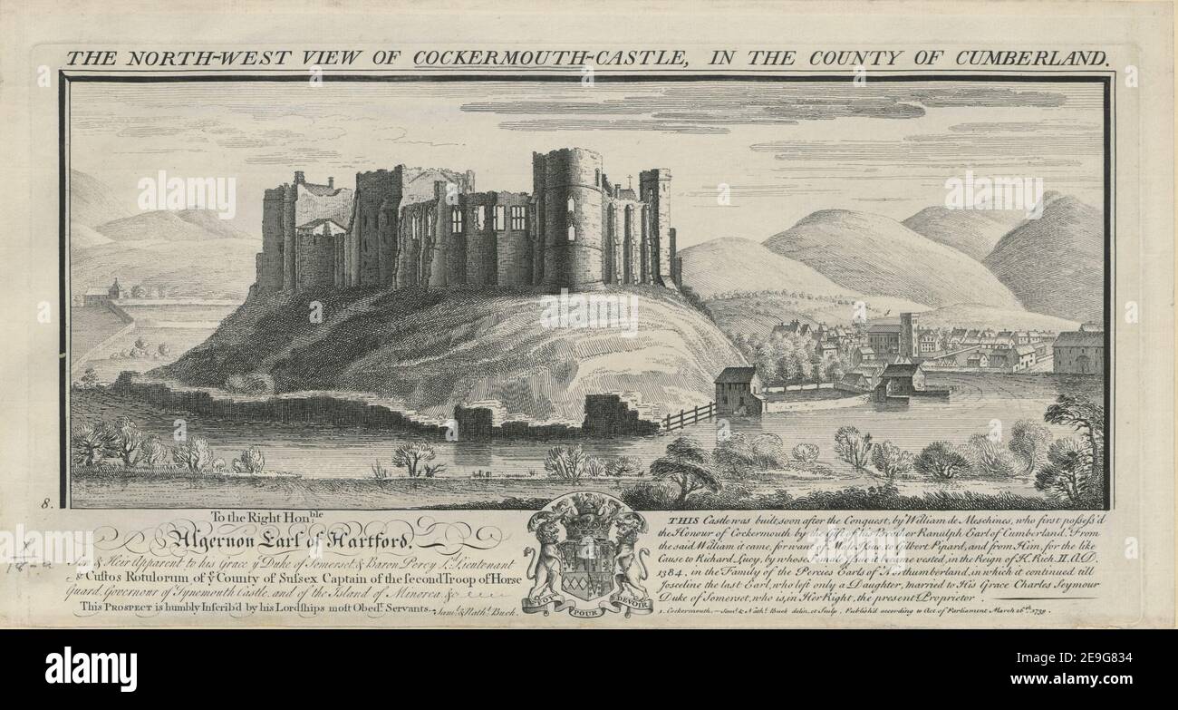 DIE NORDWESTANSICHT VON COCKERMOUTH CASTLE, IN DER GRAFSCHAFT CUMBERLAND. Autor Buck, Samuel 10,18.a. Ort der Veröffentlichung: [London] Verlag: Veröffentlichung gemäß Gesetz des Parlaments Erscheinungsdatum: März 26th. 1739. Art des Artikels: 1 Druck Medium: Radierung und Gravur Maße: Plattenmark 19,4 x 37,3 cm, auf Blatt 20,9 x 39,7 cm. Ehemaliger Besitzer: George III., König von Großbritannien, 1738-1820 Stockfoto