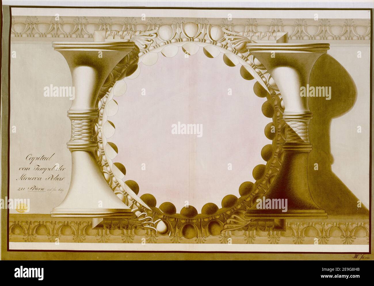 Capital von Tempel der Minerva Polias zu Priene vid zon Antiq. Autor Meissner, Georg Ernst Christian Wilhelm 114,68.2.c. Datum der Veröffentlichung: 1794. Art des Artikels: 1 Zeichnung Medium: Stift und schwarze Tinte mit monochromer Wäsche Maße: Blatt 46,8 x 67,1 cm ehemaliger Besitzer: George III, König von Großbritannien, 1738-1820 Stockfoto