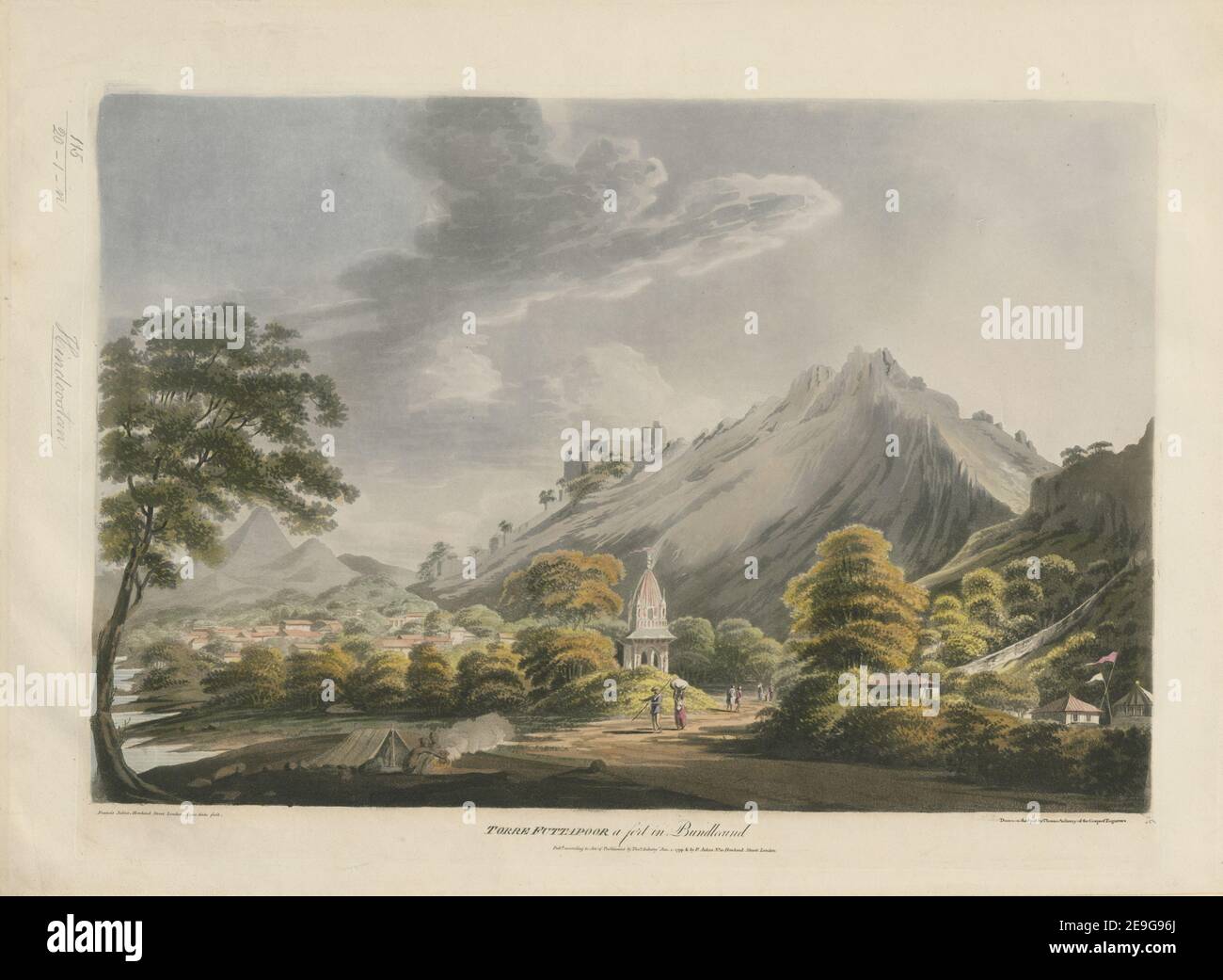 TORRE FUTTAPOOR ein Fort in Bundlcund. Autor Jukes, Francis 115,20.1.n. Ort der Veröffentlichung: [London] ;[Bengal] Verlag: Veröffentlicht gemäß Gesetz des Parlaments Jan 1st 1799 von Thos. Anburey Bengal , von F. Jukes, Howland Street London, Erscheinungsdatum: [Januar 1 1799] Artikeltyp: 1 Druckmedium: Aquatinta und Radierung mit Handkolorierung Maße: Platemark 38,5 x 53,3 cm, auf Blatt 43,7 x 60,3 cm. Ehemaliger Besitzer: George III., König von Großbritannien, 1738-1820 Stockfoto