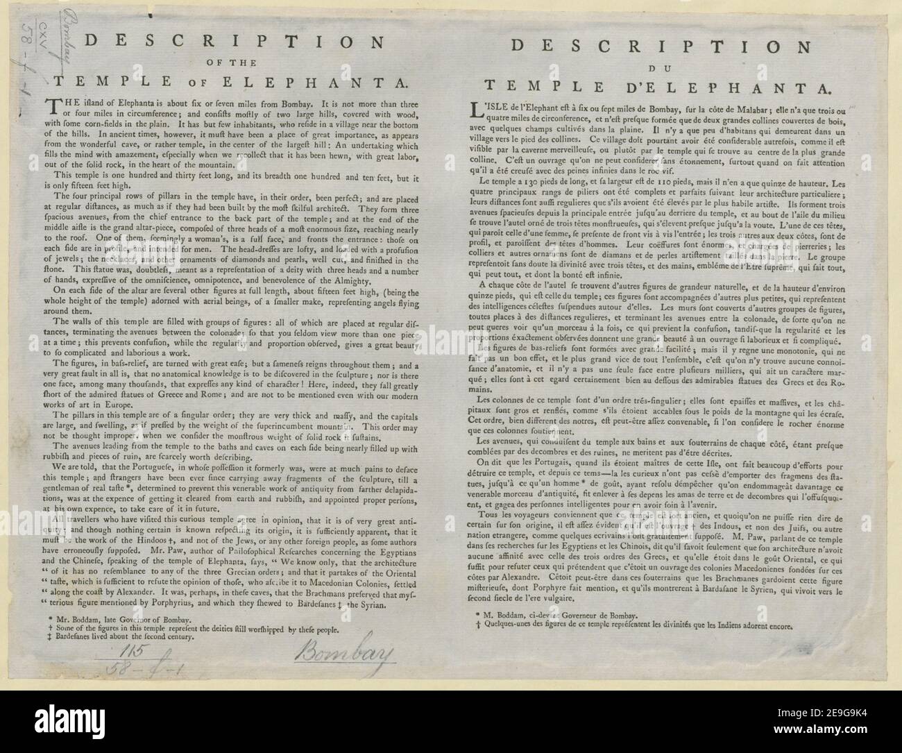 Beschreibung des Tempels von Elephanta. Buchinformation: Titel: Beschreibung des Tempels von Elephanta. 115,58.f,1. Erscheinungsort: [England] Verlag: [James Wales] Erscheinungsdatum: [Ca. 1790] Art der Artikel: 1 Blatt Medium: Buchdruck Maße: Blatt 28 x 36 cm Alteigner: George III, King of Great Britain, 1738-1820 Stockfoto