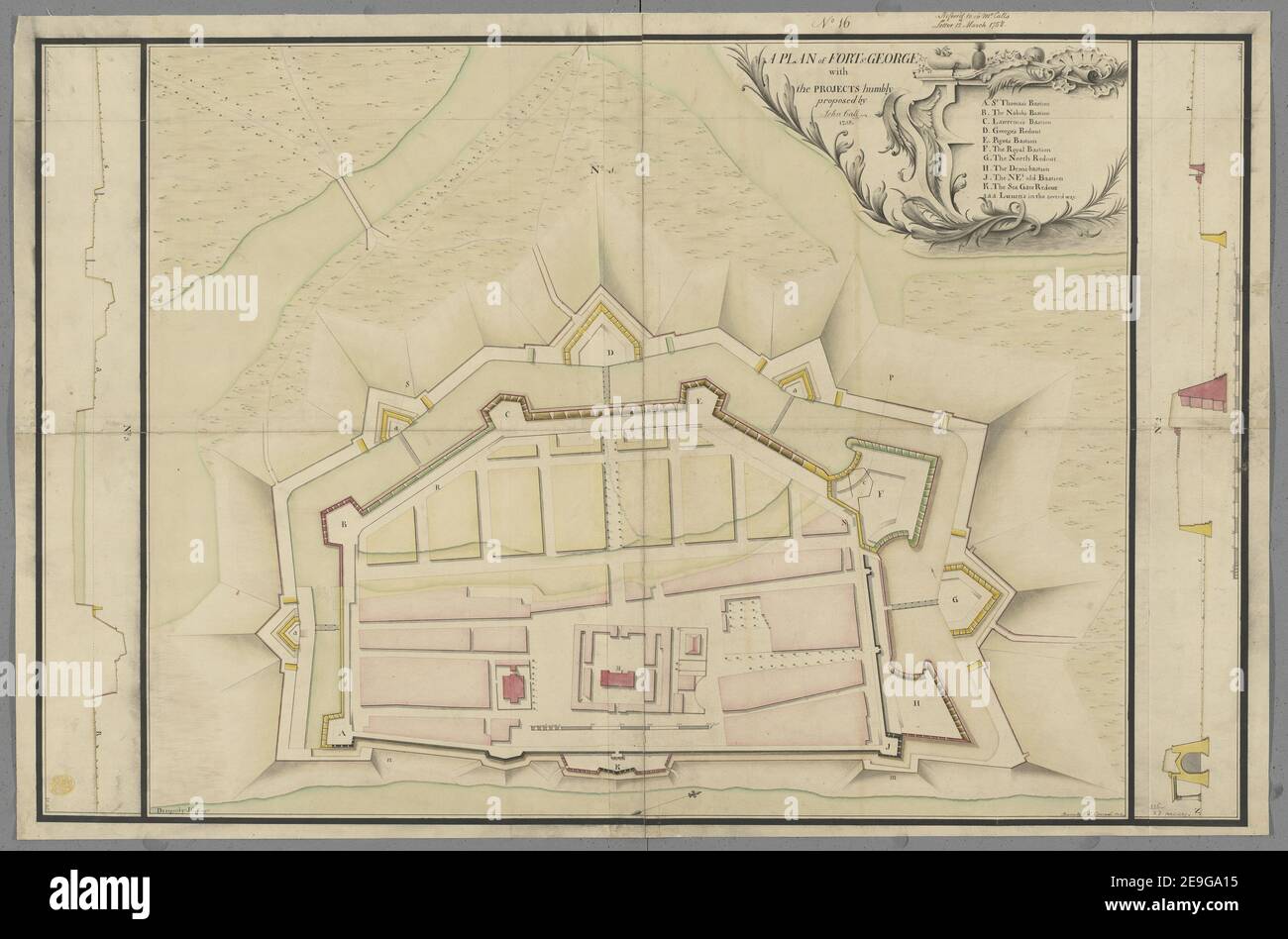 Ein Plan von Fort St. George, mit den Projekten demütig vorgeschlagen von John Call, 1758 gezeichnet von F.L. Conradi, auf einer Skala von 100 Fuß zu einem Zoll, mit Profilen auf einer Skala von 18 Fuß zu einem Zoll. Karteninformation: Titel: Ein Plan von Fort St. George, mit den Projekten bescheiden vorgeschlagen von John Call, 1758; gezeichnet von F.L. Conradi, auf einer Skala von 100 Fuß zu einem Zoll, mit Profilen auf einer Skala von 18 Fuß zu einem Zoll. 115,77. Datum der Veröffentlichung: 1758. Art des Artikels: Ms. 3 f. 4 Zoll x 2 f. 2 Zoll Ehemaliger Besitzer: George III., König von Großbritannien, 1738-1820 Stockfoto