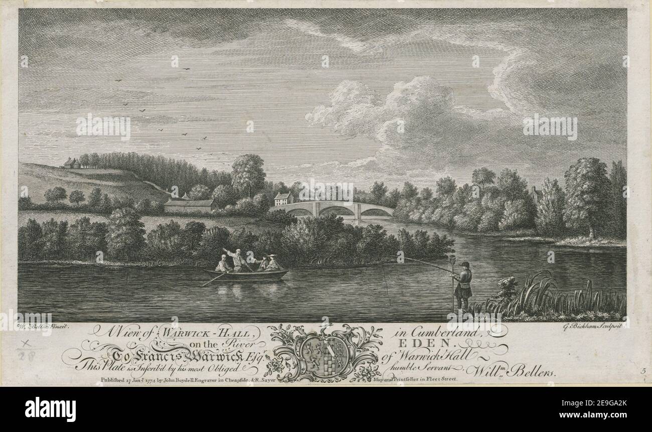 Ein Blick auf WARWICK HALL, in Cumberland, am Fluss EDEN. Autor Bellers, William 10,28. Erscheinungsort: [London] Verlag: Erschienen 17 Jany. 1774 von John Boydell, Kupferstecher in Cheapside, R. Sayer Map und Grafiker in Fleet Street. Erscheinungsdatum: [Januar 17 1774] Objekttyp: 1 Druckmedium: Radierung und Gravur Abmessungen: Blatt 18,7 x 32,0 cm. Unter Plattenmark getrimmt. Ehemaliger Besitzer: George III., König von Großbritannien, 1738-1820 Stockfoto
