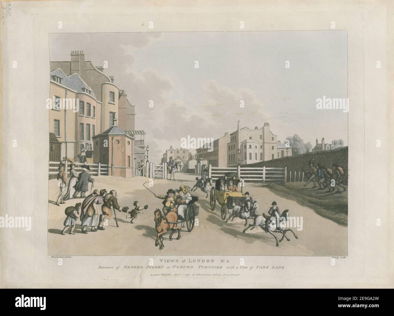 BLICK AUF LONDON. No,4 / Eingang der OXFORD STREET oder TYBURN TURNPIKE, mit Blick auf PARK LANE Autor Rowlandson, Thomas 22,6.a. Verlag: Erschienen in Ackermanns Galerie Nr. 101 Strand Erscheinungsdatum: April 1 1798. Art des Artikels: 1 Druck Medium: Handkolorierte Radierung und Aquatinta Abmessungen: 360 x 455 mm. Ehemaliger Besitzer: George III., König von Großbritannien, 1738-1820 Stockfoto