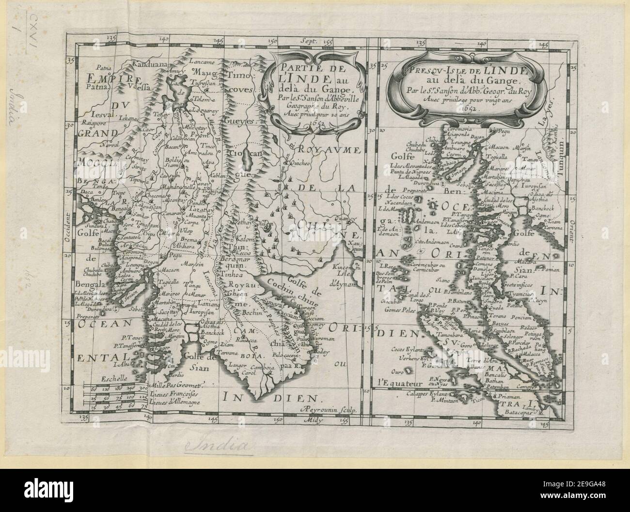 PARTIE DE L'INDE au delaÃÄ du Gange Autor Sanson, Nicolas 116,1. Erscheinungsort: [Paris] Verlag: [Nicolas Sanson] Erscheinungsdatum: [Zwischen 1652 und 1662.] Art des Artikels: 2 Karten auf 1 Blatt Maße: 18 x 24 cm ehemaliger Besitzer: George III., König von Großbritannien, 1738-1820 Stockfoto