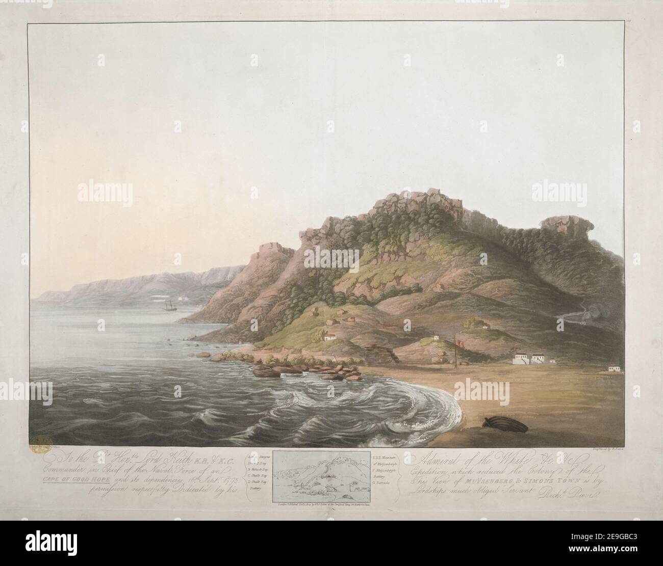 An den RT Honble Lord Keith K.B. UND K.C. Admiral der Weißen & c. &c. Oberbefehlshaber der Marinekräfte einer Expedition, die die Kolonie des KAPS DER GUTEN HOFFNUNG und seine Abhängigkeiten reduzierte 16th. September 1795 dieser Autor Reeve, Richard 117,116.g. Erscheinungsort: London Verlag: Published Septr 1 1807 by S,J Fuller at the Temple of Fancy 34 Rathbone Place., Erscheinungsdatum: [September 1 1807] Artikeltyp: 1 Print Medium: Aquatinta und Radierung mit Handkolorierung Maße: Blatt 50,8 x 67 cm Vorbesitzer: Georg III., König von Großbritannien, 173 Stockfoto