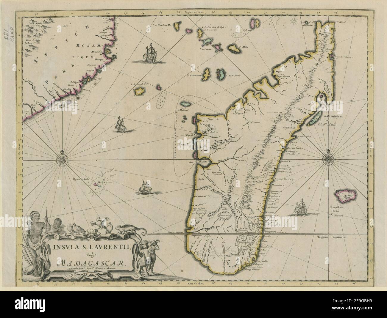 INSULA S. LAURENTII, VULGO MADAGASKAR. Karteninformationen: Titel: INSULA S. LAURENTII, Vulgo MADAGASCAR. 117,133. Erscheinungsort: Amstelodami [Amsterdam] Verlag: Apud CoÃÅvens et Mortier., Erscheinungsdatum: [Zwischen 1721 und 1774.] Objekttyp: 1 Karte Medium: Handfarbig Maße: 41 x 53 cm ehemaliger Besitzer: George III, König von Großbritannien, 1738-1820 Stockfoto