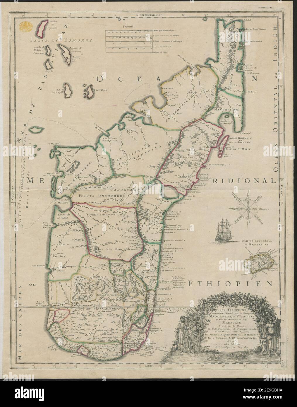 ISLE DAUPHINE, Communement NommeÃÅe par les Europeens MADAGASCAR, et S.T LAURENS, et Par les Habitans du Pays MADECASE. Autor Sanson, N. 117,134. Erscheinungsort: Paris Verlag: Chez l'Autheur Avec Privilege pour Vingt ans., Erscheinungsdatum: [Vor 1648?] Objekttyp: 1 Karte Medium: Handfarbig Maße: 56 x 43 cm ehemaliger Besitzer: George III, König von Großbritannien, 1738-1820 Stockfoto