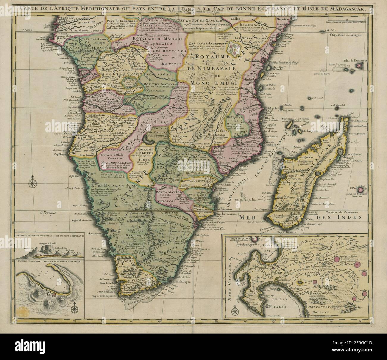 CARTE DE L'AFRIQUE MERIDIONALE OU PAYS ENTRE LIGNE & LE CAP DE BONNE ESPERANCE, ET L'ISLE DE MADAGASCAR. Autor Visscher, Nicolaes 117,33. Erscheinungsort: [Amsterdam] Verlag: [Nicolaes Visscher] Erscheinungsdatum: [Nach 1682?] Objekttyp: 1 Karte Medium: Handfarbig Maße: 49 x 57 cm ehemaliger Besitzer: George III, König von Großbritannien, 1738-1820 Stockfoto