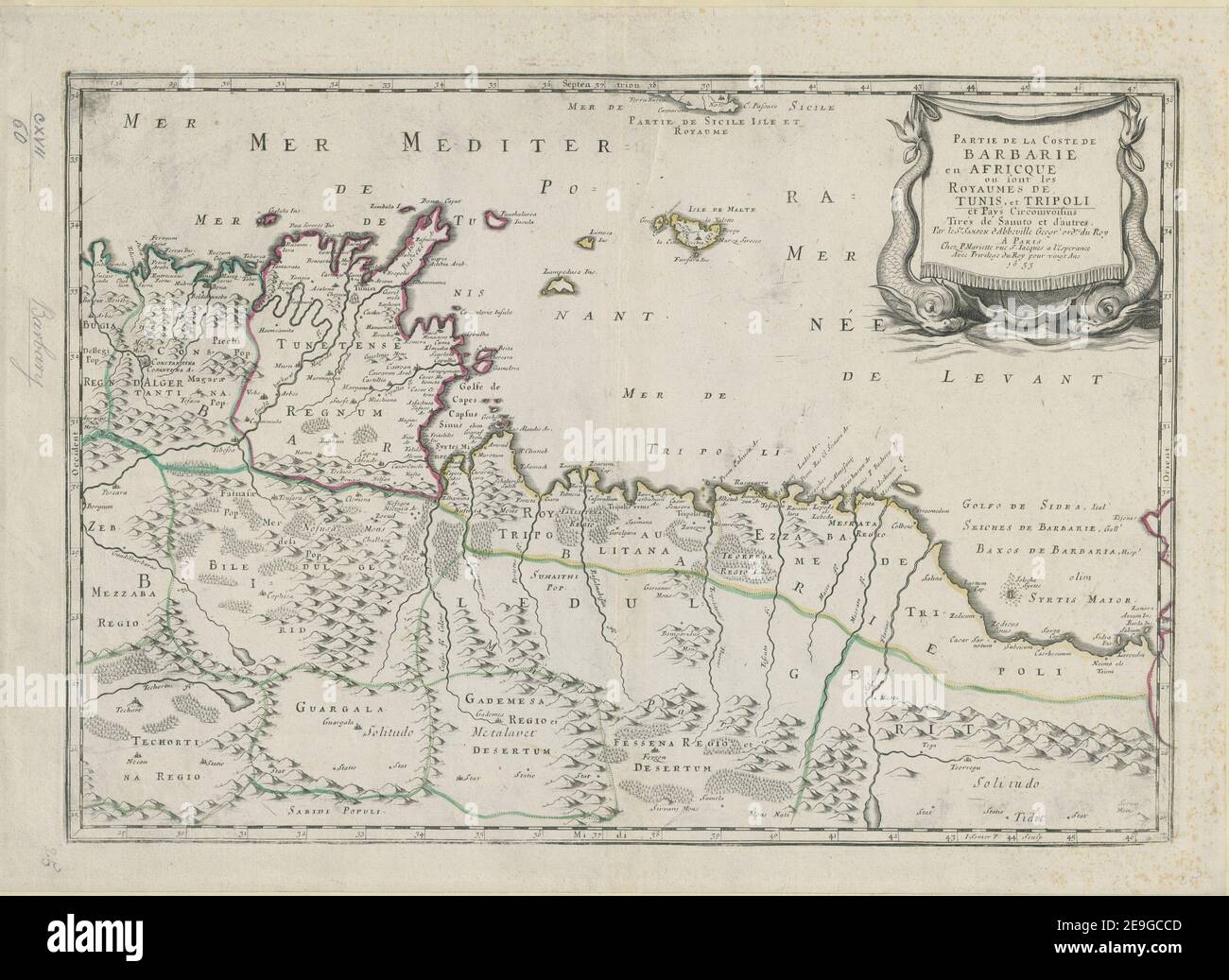 PARTIE DE LA COSTE DE BARBARIE en AFRIQUE ou sont les ROYAUMES DE TUNIS, et TRIPOLI et Pays Circonivoisins TireÃÅs de Sanuto et d'autres. Autor Sanson, Nicolas 117,60. Erscheinungsort: Paris Verlag: Chez P. Mariette rue S. Iacques a l'Esperance Avec Privilege du Roy pour vingt ans 1655, Erscheinungsdatum: [1655.] Objekttyp: 1 Karte Medium: Handfarbig Maße: 36 x 53 cm ehemaliger Besitzer: George III, König von Großbritannien, 1738-1820 Stockfoto
