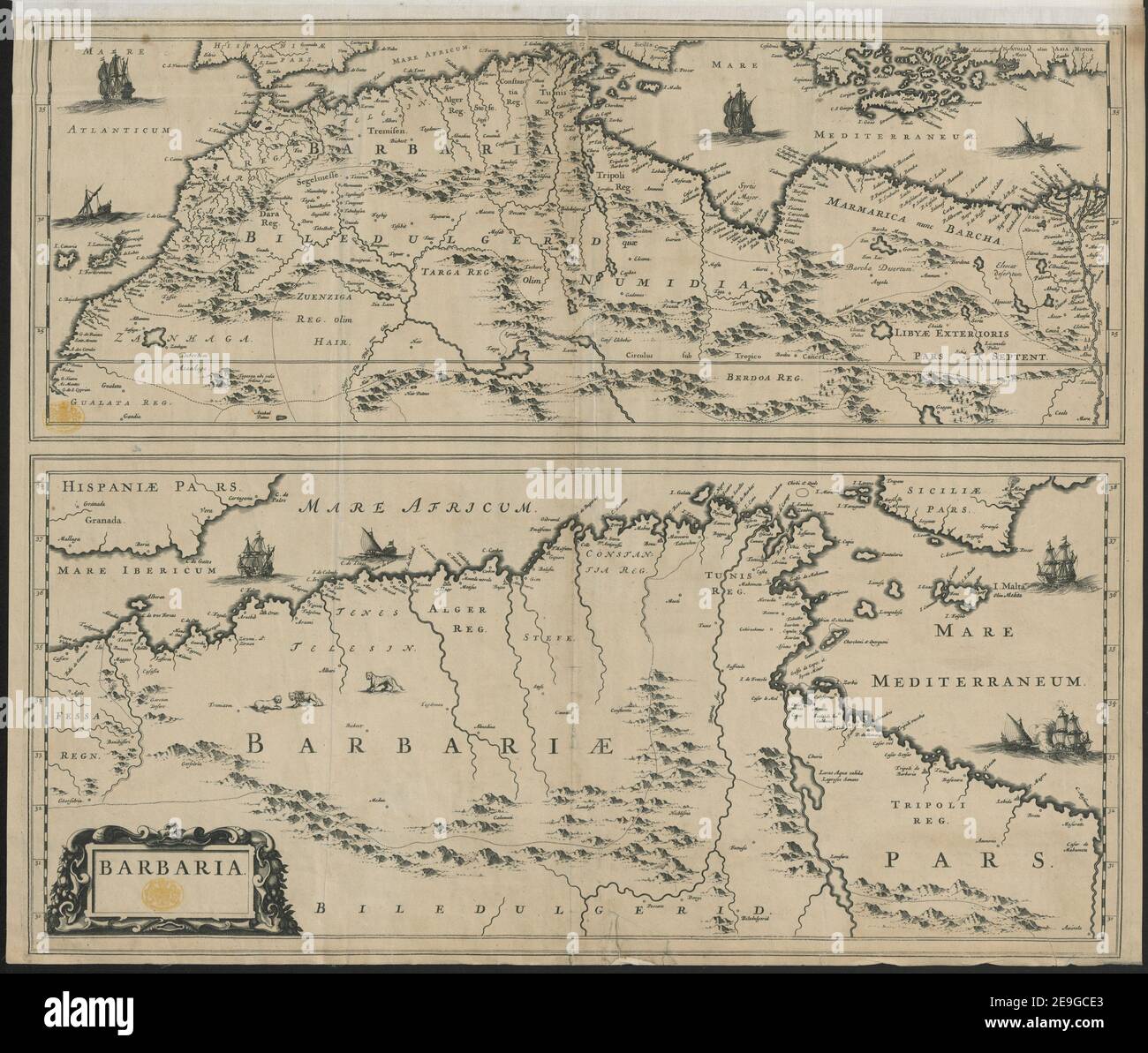 BARBARIA. Autor Blaeu, Joan 117,58. Erscheinungsort: [Amsterdam] Verlag: [Joan Blaeu] Erscheinungsdatum: [Ca. 1670.] Art des Artikels: 2 Karten auf 1 Blatt Maße: Blatt 59 x 51 cm ehemaliger Besitzer: George III., König von Großbritannien, 1738-1820 Stockfoto