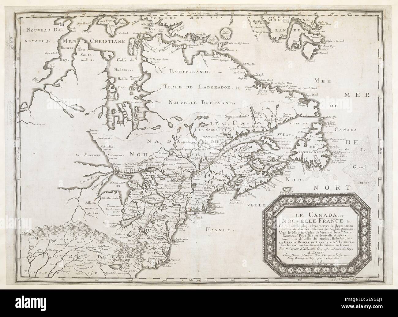 LE CANADA, OU NOUVELLE FRANCE, &C. CE qui est le plus advanceÃÅ vers le Septentrion est tireÃÅ de Divers Relations des Anglois, Danois, &c. Vers le Midy les Costes de Virginie, Nouvlle Suede, Nouveau Pays Bas et No Autor Sanson, Nicolas 119,1. Erscheinungsort: Paris Verlag: Pierre Mariette, Rue S.Jacque a l'Esperance, Erscheinungsdatum: 1656. Objekttyp: 1 Karte Maße: 40 x 54 cm ehemaliger Besitzer: George III., König von Großbritannien, 1738-1820 Stockfoto