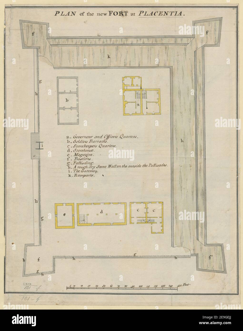 PLAN des neuen FORTS in PLACENTIA. Autor Smelt, Leonard 119,101.f. Ort der Veröffentlichung: [Placentia?] Verlag: [Leonard Smelt] Erscheinungsdatum: [1751.] Objekttyp: 1 Karte Medium: Handschriftenstift und Tinte mit Aquarell Maße: 38 x 31 cm ehemaliger Besitzer: George III, König von Großbritannien, 1738-1820 Stockfoto