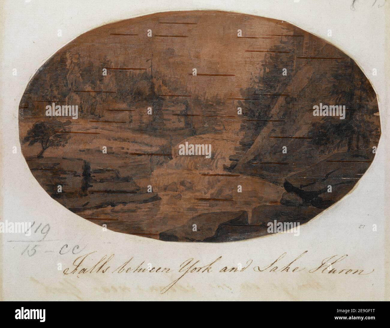 Fällt zwischen York und Lake Huron. Autor Simcoe, Elizabeth 119,15.cc. Erscheinungsdatum: [Um 1795] Objekttyp: 1 Zeichnung Medium: Feder und schwarze Tinte mit monochromer Wäsche auf Birkenrinde Maße: Blatt 10,2 x 16 cm (oval) ehemaliger Besitzer: Georg III., König von Großbritannien, 1738-1820 Stockfoto