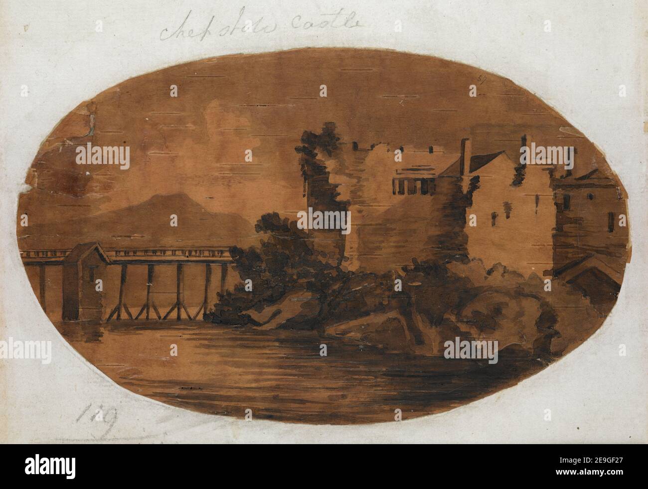 Chepstow Castle. Autor Simcoe, Elizabeth 119,15.ii. Veröffentlichungsdatum: [Um 1795] Artikeltyp: 1 Zeichnung Medium: Pen and black ink with monochrome wash on birke bark Maße: Blatt 10,2 x 16,9 cm (oval) Ex-Besitzer: George III, King of Great Britain, 1738-1820 Stockfoto