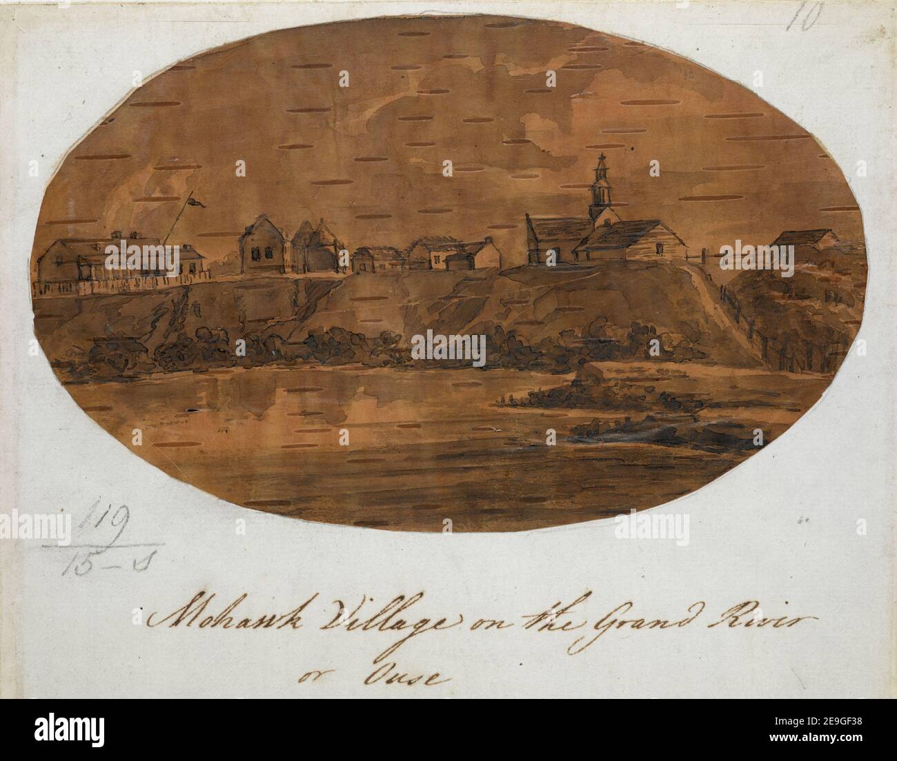 Mohawk Village am Grand River oder Ouse. Autor Simcoe, Elizabeth 119,15.s. Erscheinungsdatum: [Um 1792] Objekttyp: 1 Zeichnung Medium: Feder und schwarze Tinte mit monochromer Wäsche auf Birkenrinde Maße: Blatt 11 x 17,7 cm (oval) ehemaliger Besitzer: Georg III., König von Großbritannien, 1738-1820 Stockfoto