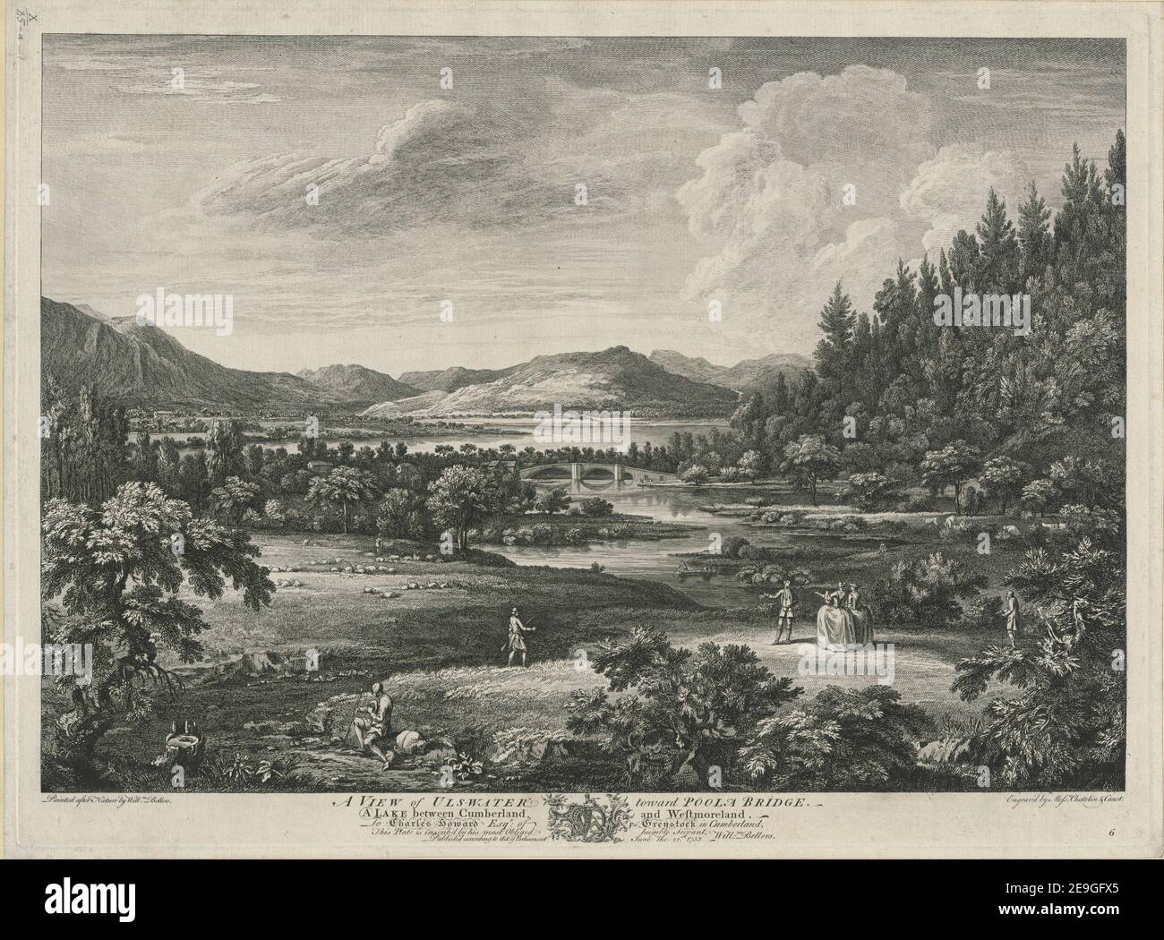 BLICK AUF ULS-WASSER RICHTUNG POOLA-BRÜCKE. Ein SEE zwischen Cumberland und Westmoreland. Autor Bellers, William 10,45.a,1. Ort der Veröffentlichung: [London] Verlag: Veröffentlichen'd gem. Gesetz des Parlaments Datum der Veröffentlichung: Juni 21st. 1753. Art des Artikels: 1 Druck Medium: Radierung und Gravur Maße: Plattenmark 40,1 x 54,9 cm, auf Blatt 41,5 x 55,6 cm. Ehemaliger Besitzer: George III., König von Großbritannien, 1738-1820 Stockfoto