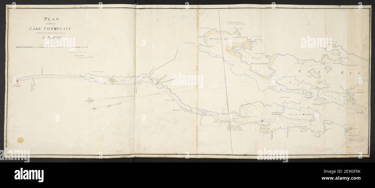 PLAN von einem Teil des LAKE CHAMPLAIN mit der Kommunikation bis hinunter zu S IOHNS. Autor Mann, Gather 119,43.2. Erscheinungsort: Quebec Verlag: 13th. Juni 1791 Gathermann Capt. Commant. Rl. Engr., Veröffentlichungsdatum: [1791.] Objekttyp: 1 Karte Medium: 2 Blatt zusammengefügt, Handschriftenstift und Tinte mit Aquarell Maße: 48 x 117 cm ehemaliger Besitzer: George III., König von Großbritannien, 1738-1820 Stockfoto