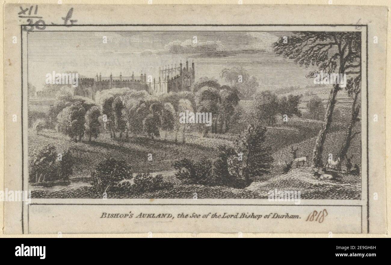 Bishop's Aukland, der See des Herrn Bischof von Durham. Visual Material information: Titel: Bishop's Aukland, der See des Herrn Bischof von Durham. 12,30.b Ort der Veröffentlichung: [London] Verlag: [W. Peacock]., Erscheinungsdatum: [1818] Objekttyp: 1 Druckmedium: Radierung Maße: Blatt 3,8 x 6,3 cm [getrimmt innerhalb Plattenmark]. Ehemaliger Besitzer: George III., König von Großbritannien, 1738-1820 Stockfoto